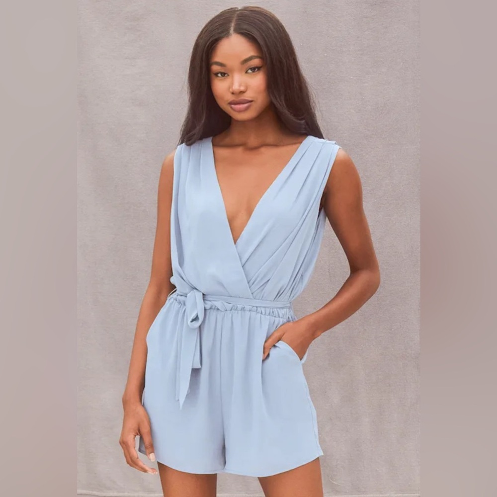 NEW Lulus Dusty Blue Gray Chiffon Romper - Picture 5 of 7